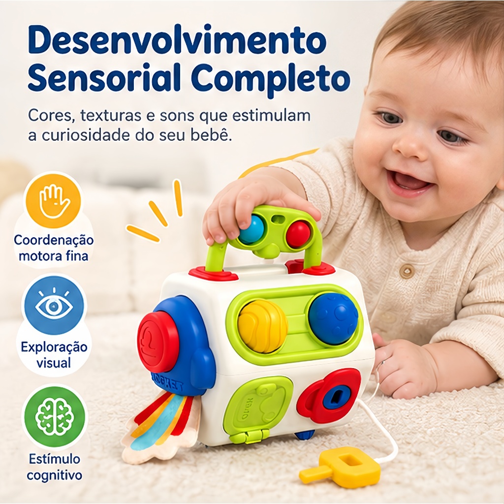 Cubo de Atividades Montessori 8 em 1 Brinquedo Educativo Sensorial Coordenação Motora para Bebê