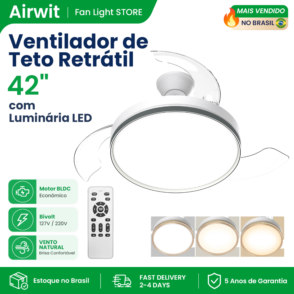 Airwit 42 Inch 5 Pás Ventilador De Teto Com Luminária LED Bivolt Controle Remoto 6 Velocidades Silencioso