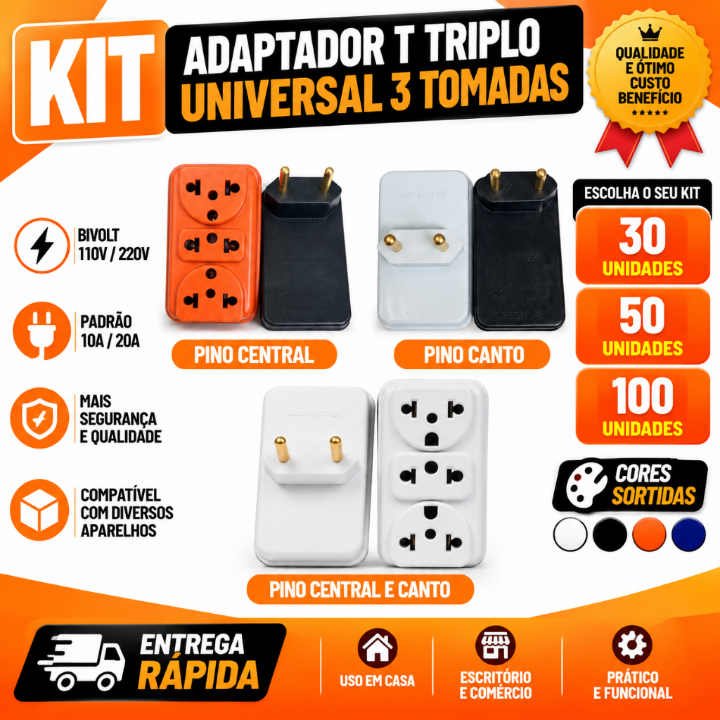 Kit Adaptador T triplo universal 3 tomadas 10a 20a benjamim bivolt plug 10A 110v 220v colorido sortidos lateral central