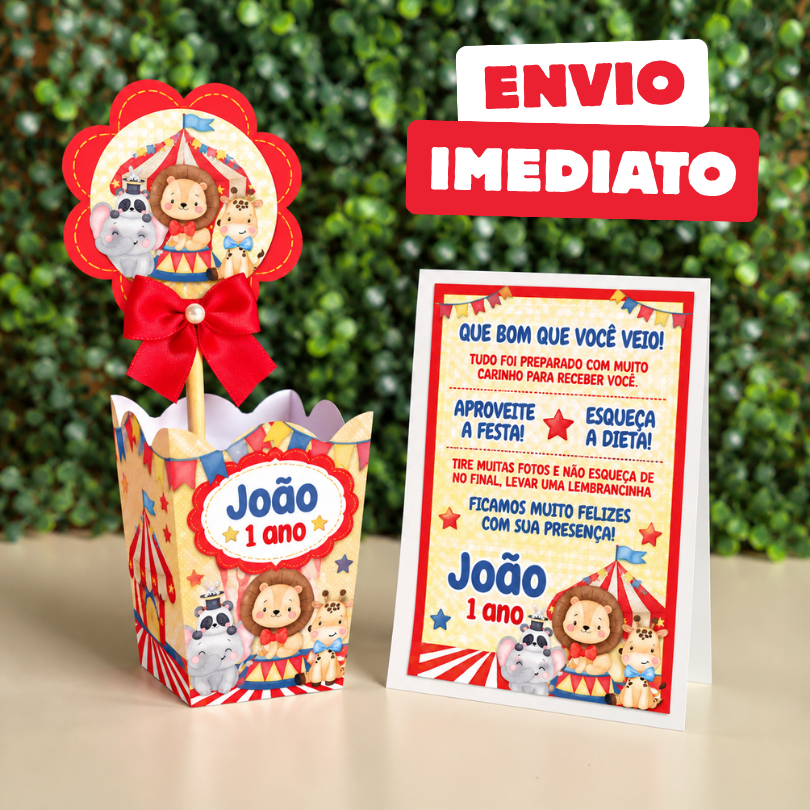 Kit Centro de mesa Circo Vermelho Aquarela | Cachepô Personalizado | Enfeite Plaquinha Decoração