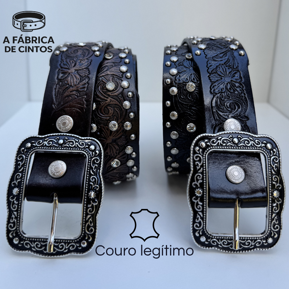 Cinto Country Feminino em Couro Legítimo Cravejado Artesanal Estilo Western Durável