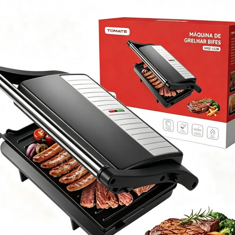 Grill e Sanduicheira Elétrico 2 em 1 Prensa Dupla Antiaderente 1000W 110V/220V Multiuso para Bifes