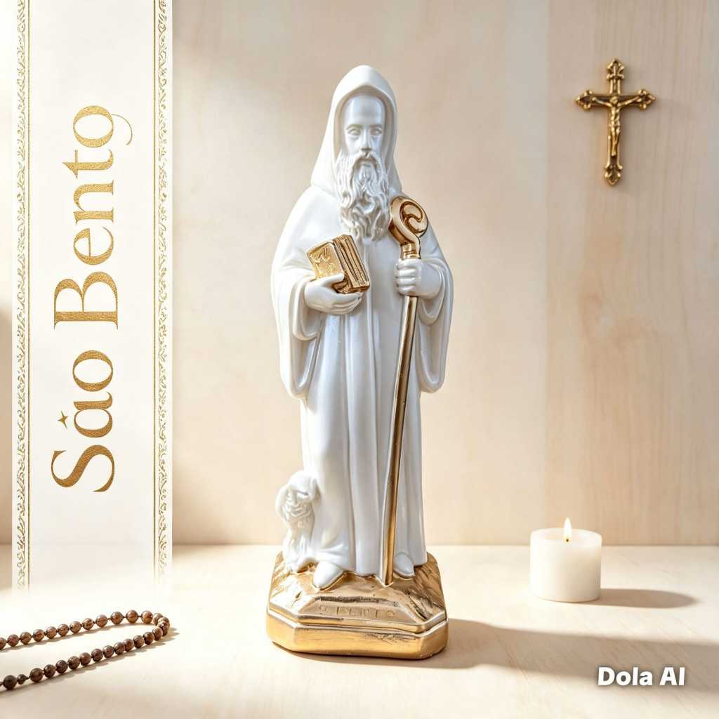 Imagem são bento 20 cm em gesso , pintura pérola e dourado - arte sacra - decoração religiosa - presente de fé