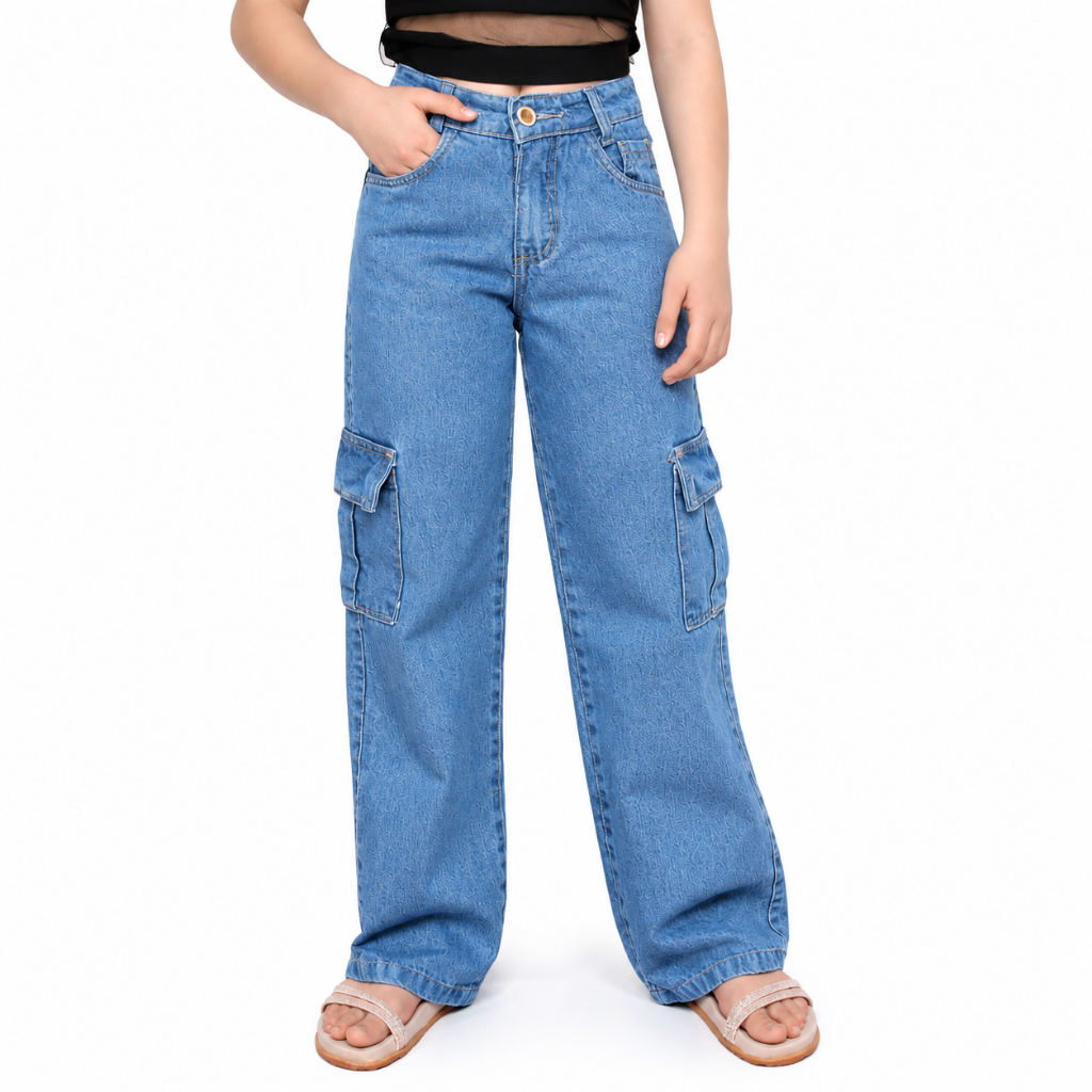 Calça cargo wide leg jeans infantil juvenil pantalona 10 ao 16