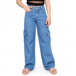 Calça cargo wide leg jeans infantil juvenil pantalona 10 ao 16