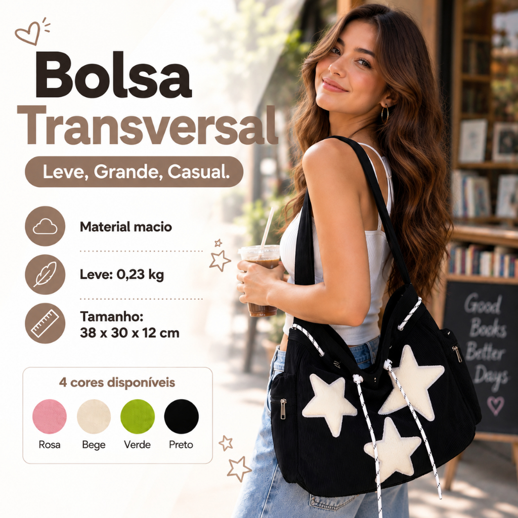 Bolsa Transversal Feminina Veludo Cotelê Estrelas, Grande Capacidade Casual para Dia a Dia e Faculdade