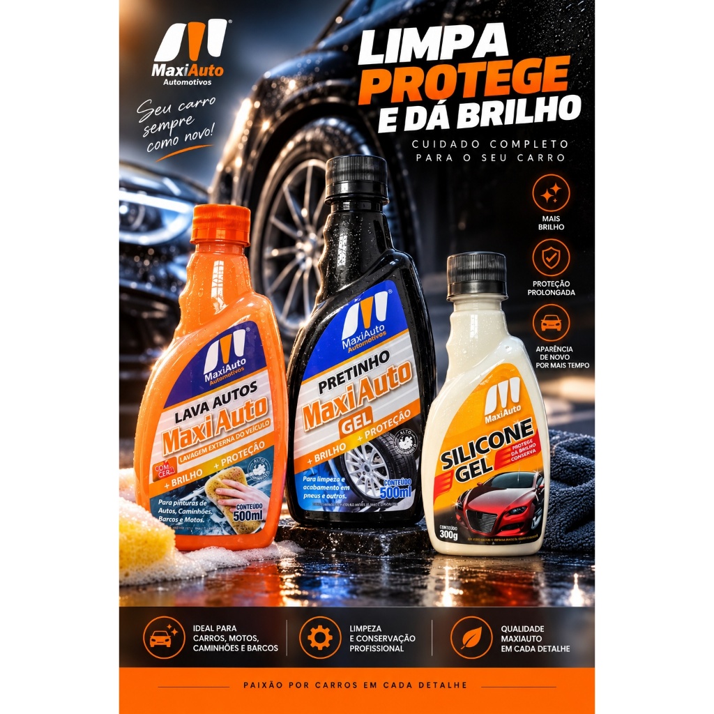Kit Pretinho Gel, Silicone Gel e Lava Auto com Cera - 500 ml