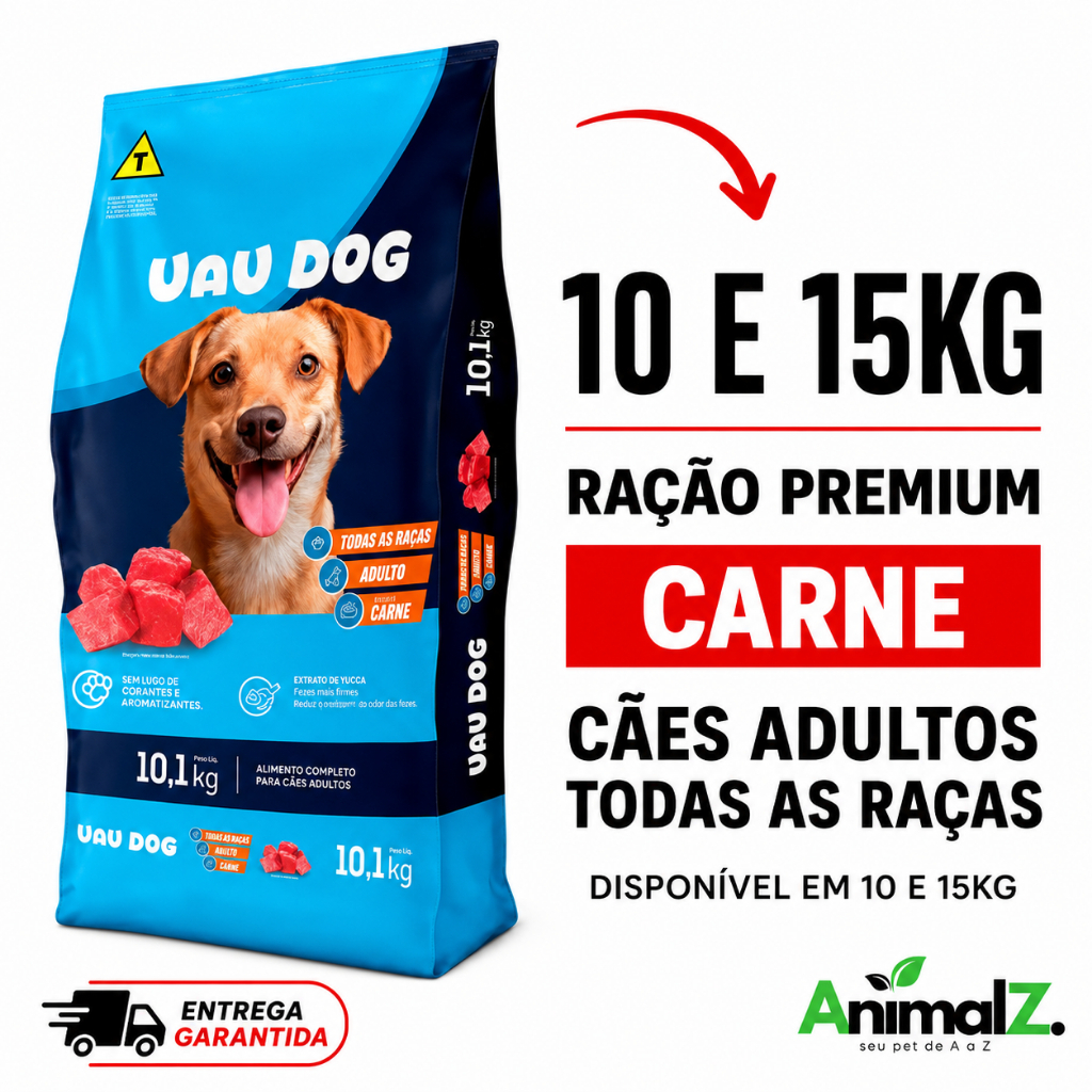 Racao Para Caes Adultos Todas as Raças Uau Dog Sabor Carne 10kg Omega 3 e 6 Caramelo Flash