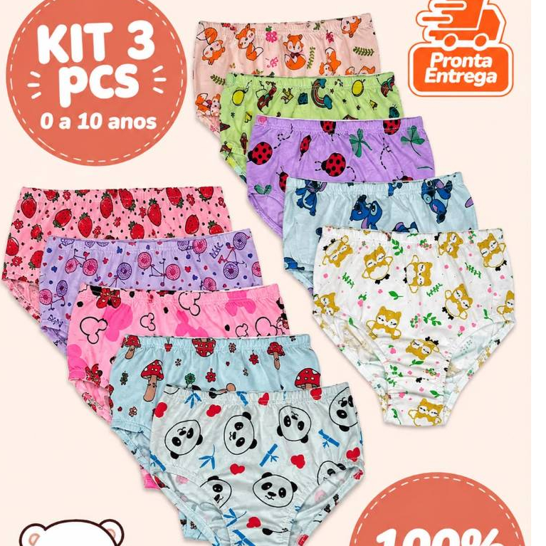 Kit 3 Calcinhas Infantil Algodão Antialérgico Estampas Variadas Elástico Embutido Super Confortável