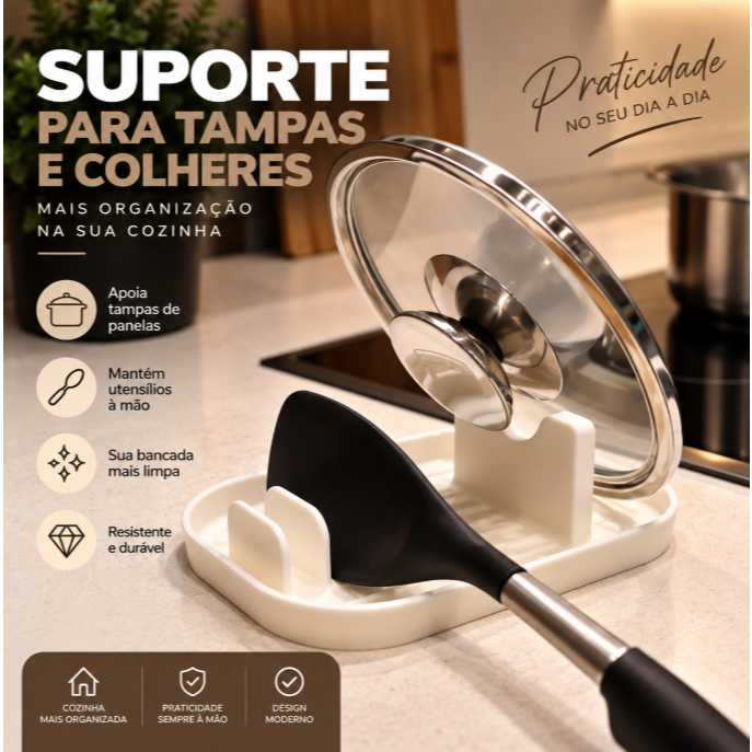 Suporte para Tampa de Panela e Utensílios de Cozinha Descanso Porta Tampa Multiuso Organizador de Talheres Colher