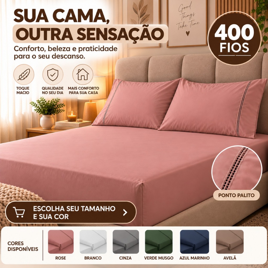 Kit Lencol Extra Macio 400 Fios Micropercal Com Ponto Palito Vários Tamanhos