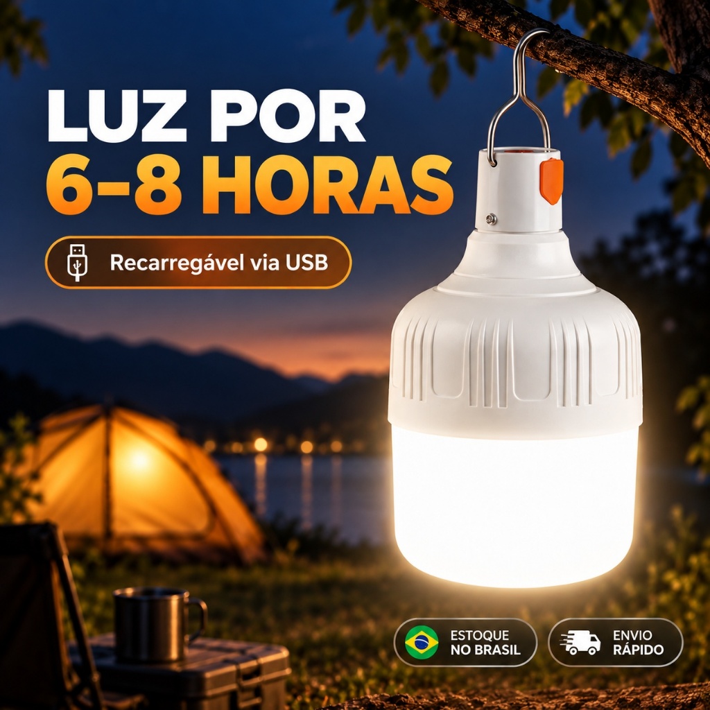 Lâmpada LED Recarregável 80W para Camping e Pesca USB 3 Modos 6-8H com Gancho Portátil