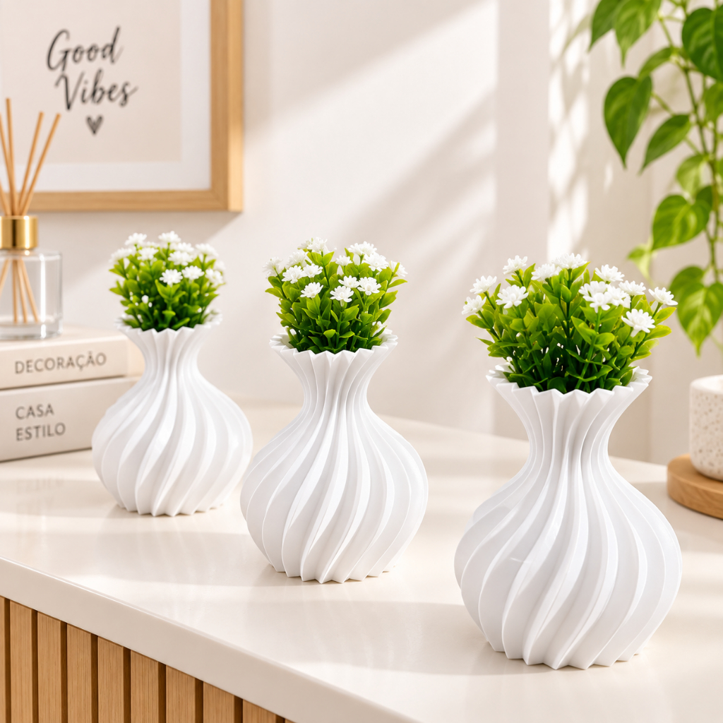 Kit 3 Vasos com Planta Artificial Decorativo, Modernos, Sala, Cozinha ou Escritório