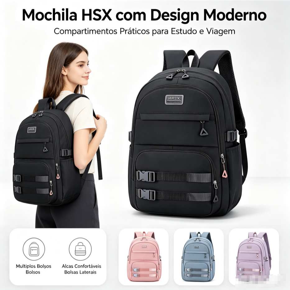 Mochila Nylon Impermeável Feminina Grande Capacidade para Faculdade Trabalho
