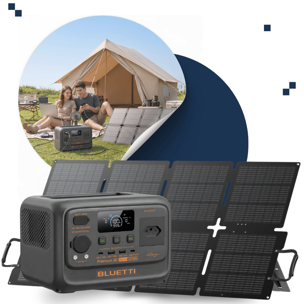 Estação Energia Solar Portátil Bluetti Elite Premium 30 V2 110v/220v + Painel Sora 130W Conector MC4