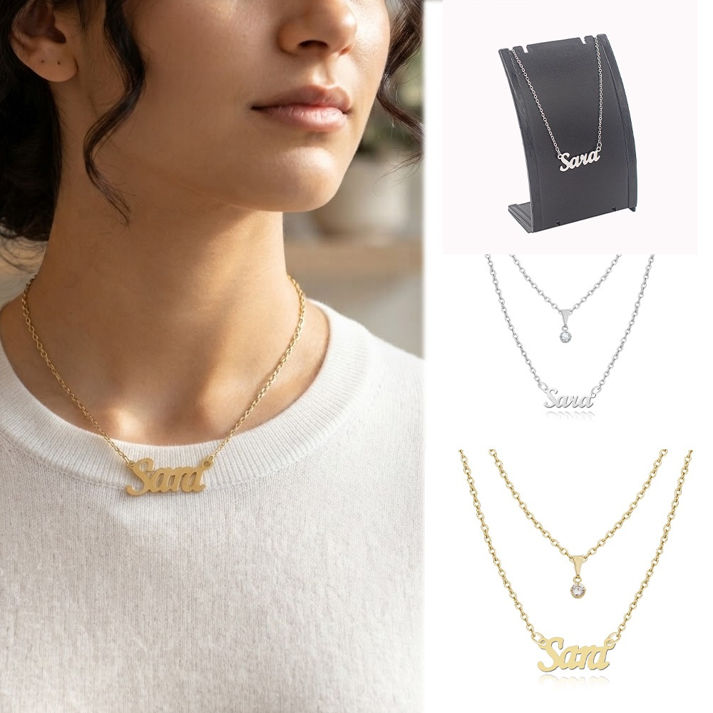 Colar SARA corrente de Nome feminino adulto infantil menina mulher folheado dourado cor aço prata prateada