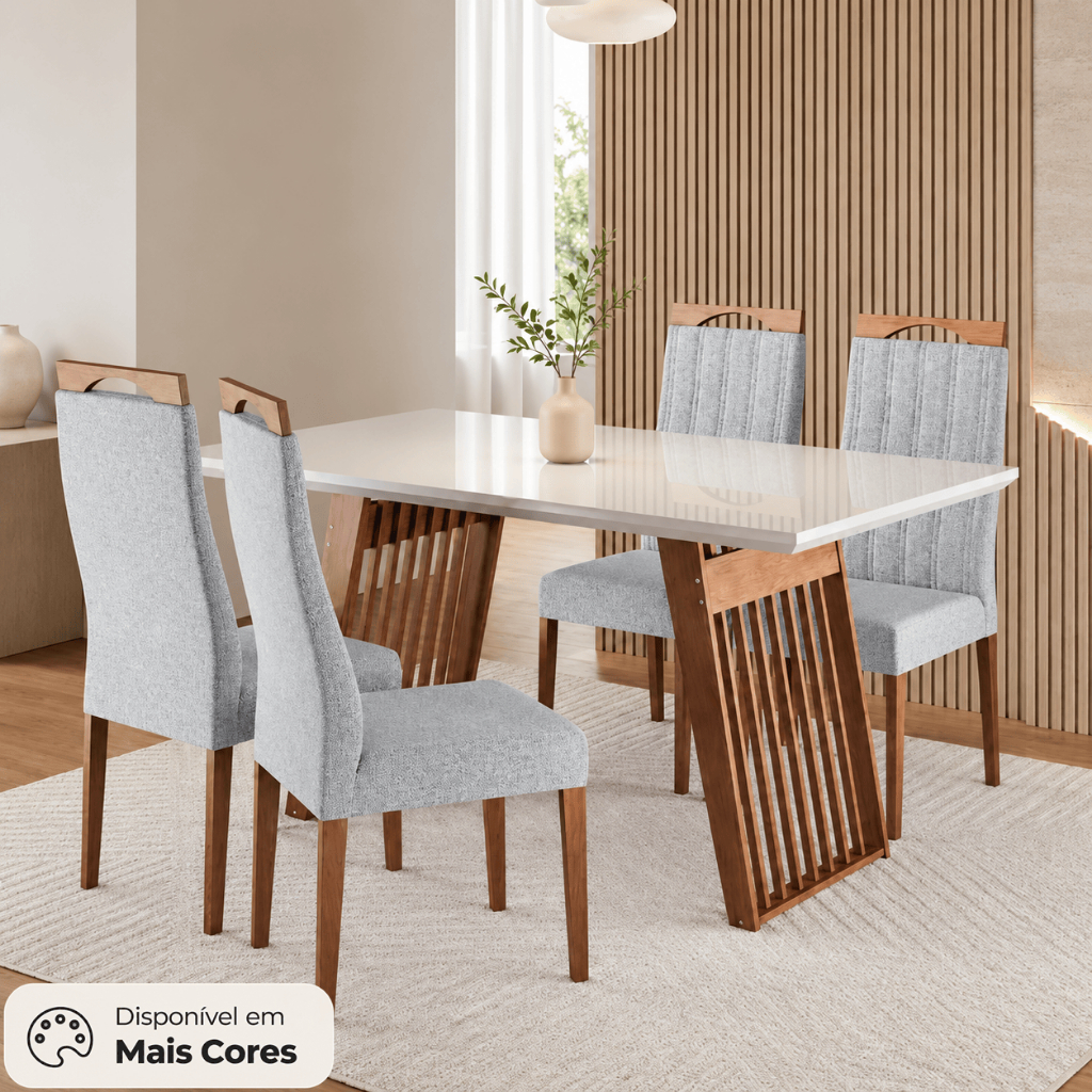 Conjunto Sala de Jantar Mesa 136cm Tampo de Vidro Moscou com 4 Cadeiras Grecia Madetal