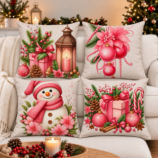 KIT 4 CAPAS DE ALMOFADA NATAL ROSA DELICADA ,BONECO DE NEVE ,PAPAI NOEL E PRESENTETAMANHO 45X45