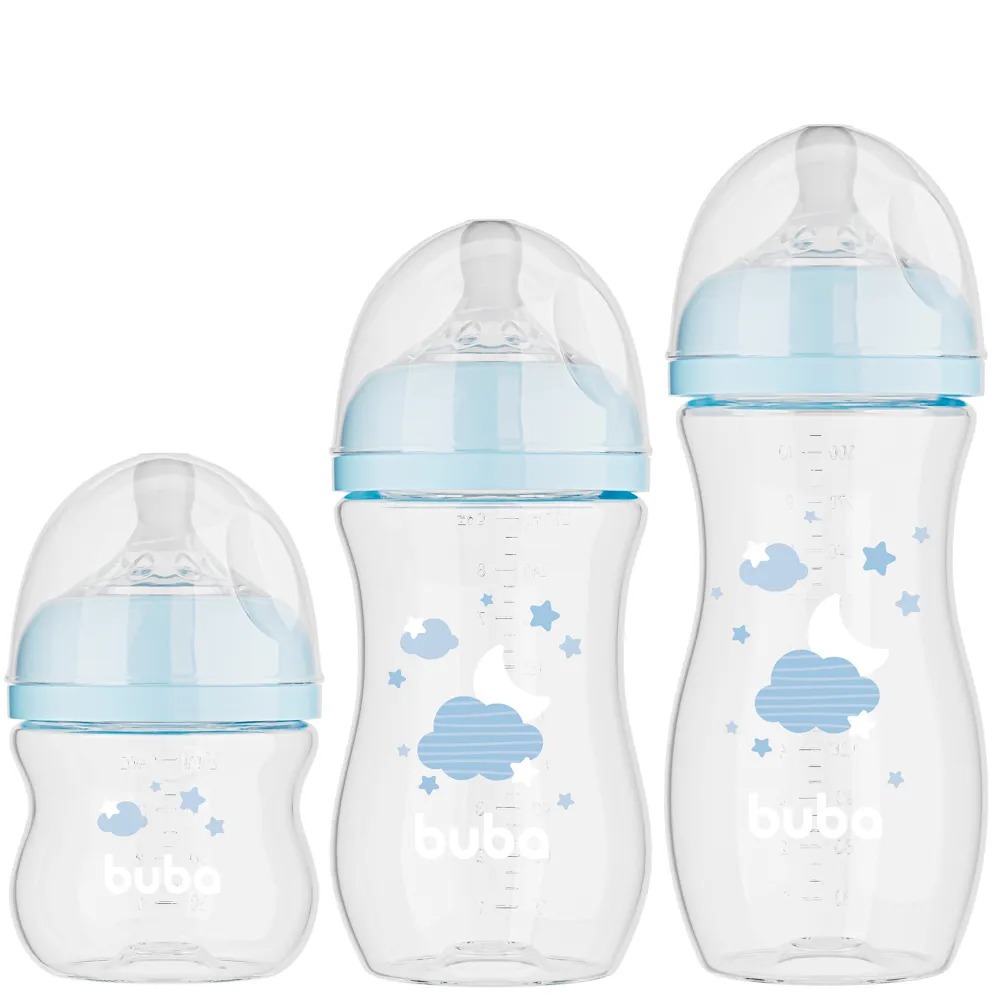 Kit 3 Mamadeiras Anticólica Buba 120ml, 270ml e 330ml Easy Flow Nuvem Azul