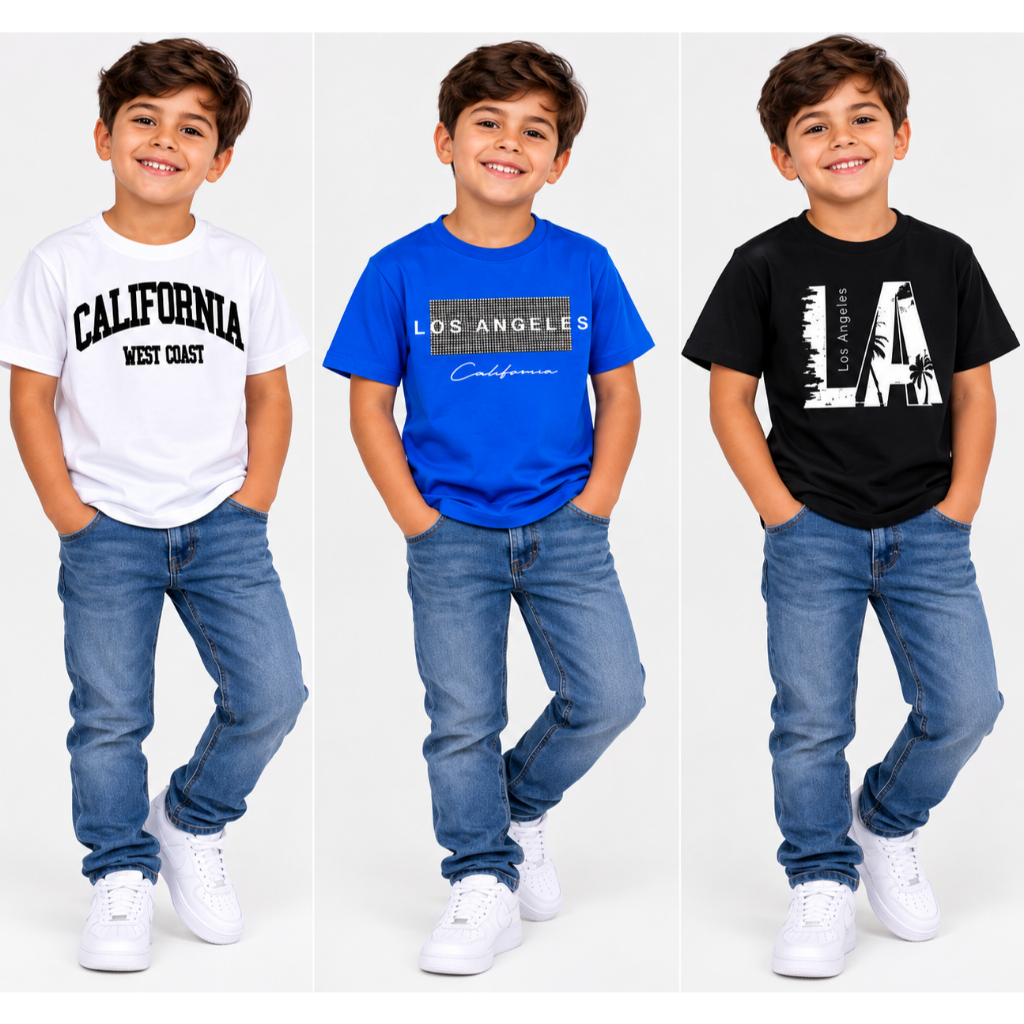 Kit 3 Camisetas Infantis 100% Algodão Gola Redonda Califórnia Blogueirinho Adolescente Streetwear minimalista