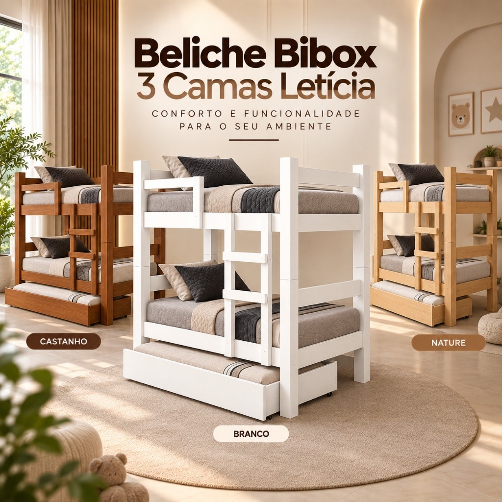 Beliche Bibox 3 Camas Letícia com Escada e Grades de Proteção em MDF