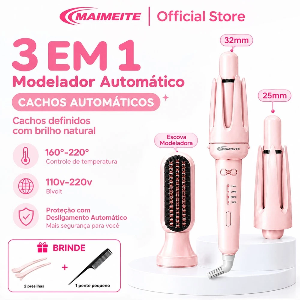 MAIMEITE Modelador de Cachos 3 em 1 Ferro Ondulação Automático 25mm/32mm + Pente Alisador Giratório Bivolt Aquecimento