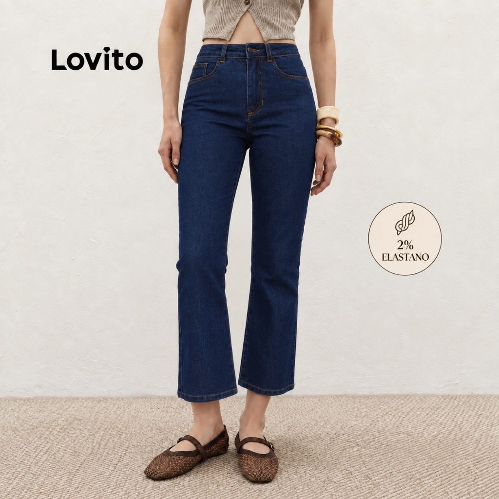 Lovito Calça Boot Cropped Jeans Lavagem Escura Moda Feminina JNB1130BRL1160