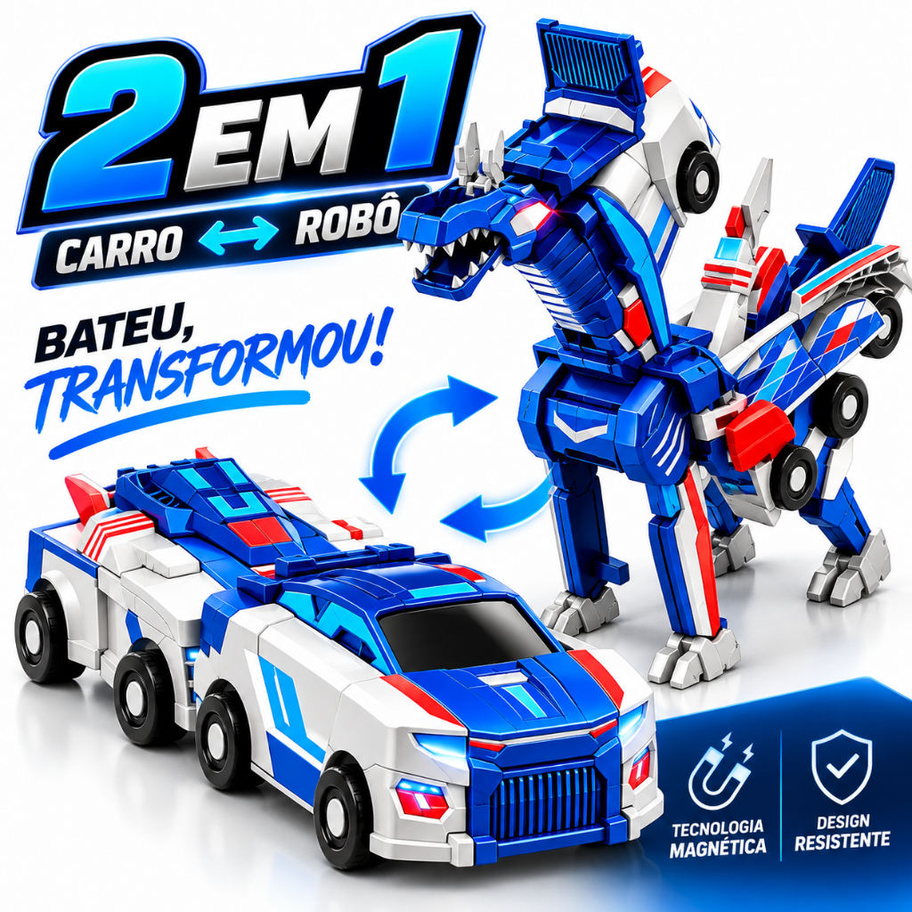 Carrinho Vira Robô Dragão Magnético 2 em 1 Transformável Infantil Azul Presente Menino
