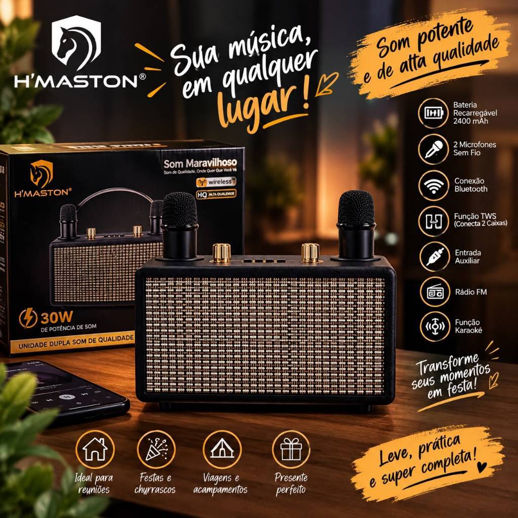 Caixa de Som Portátil H'Maston TN40 Karaokê com Microfone e Bluetooth