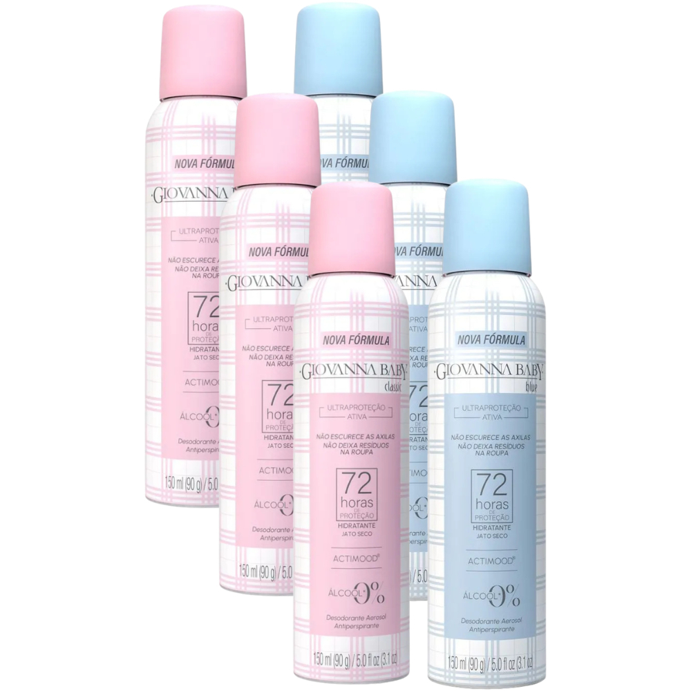 Kit 6 Desodorante Antitranspirante Aerossol Giovanna Baby Blue Classic 72h 150ml