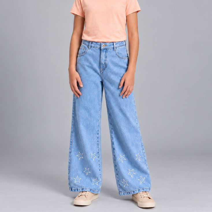 Calça Jeans Wide Leg Juvenil Feminina com Estrelas Bordadas Moda Teen Estilosa
