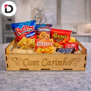 Kit  Bandejas MDF Cru 20x15x5  “Com Carinho” e Coração | Cesta Café da Manhã, Presente e Ocasiões Especiais