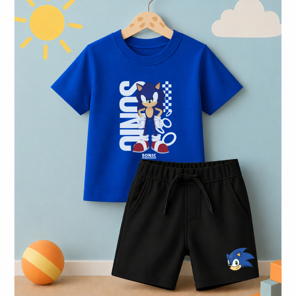 Conjunto Infantil Camiseta e Short Moletinho Meninos Sonic Desenho Personagens Estampado