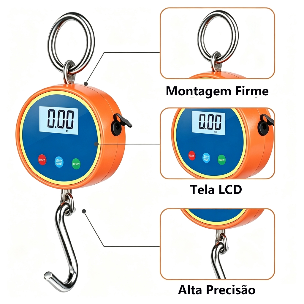 Balança Digital de Gancho 300KG/500KG  Tela LCD  Função Tara, Bateria para Pesagem Industrial  Fazenda  Pesca