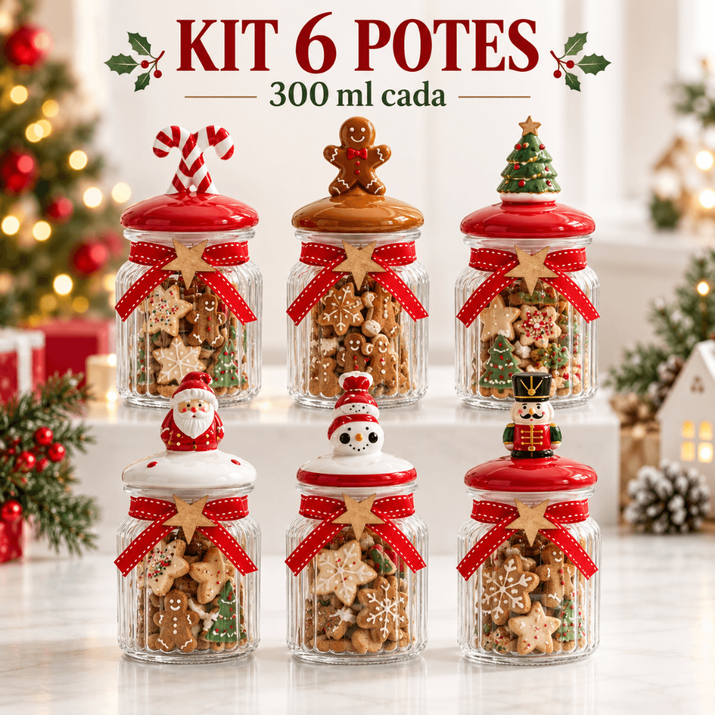 Kit 6 Potes de Vidro Natalino Canelado 300ml Tampa de Cerâmica Gengibre - Porta Biscoitos, Decoração de Natal