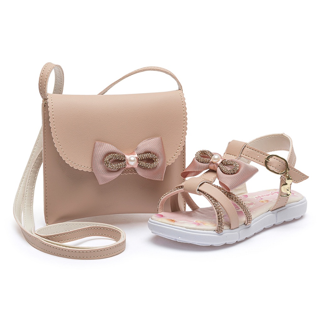 Kit Sandália Feminina Infantil Rasteira Confortável Laço Brilho Nude Com Bolsa Elegante Lolikids