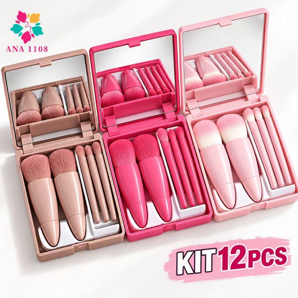 ANA1108 KIT 12PCS Mini Espelho De Maquiagem Portátil Com 5 Pcs Pincéis De Maquiagem Lupa Mão Segurar Bolso Dobrável