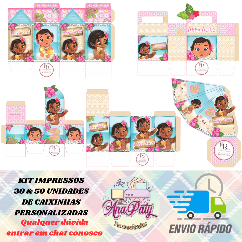 Kit 30 & 50 Caixinhas Lembrancinhas Personalizadas Moana Baby – Caixinhas para recortar e montar - Revelação