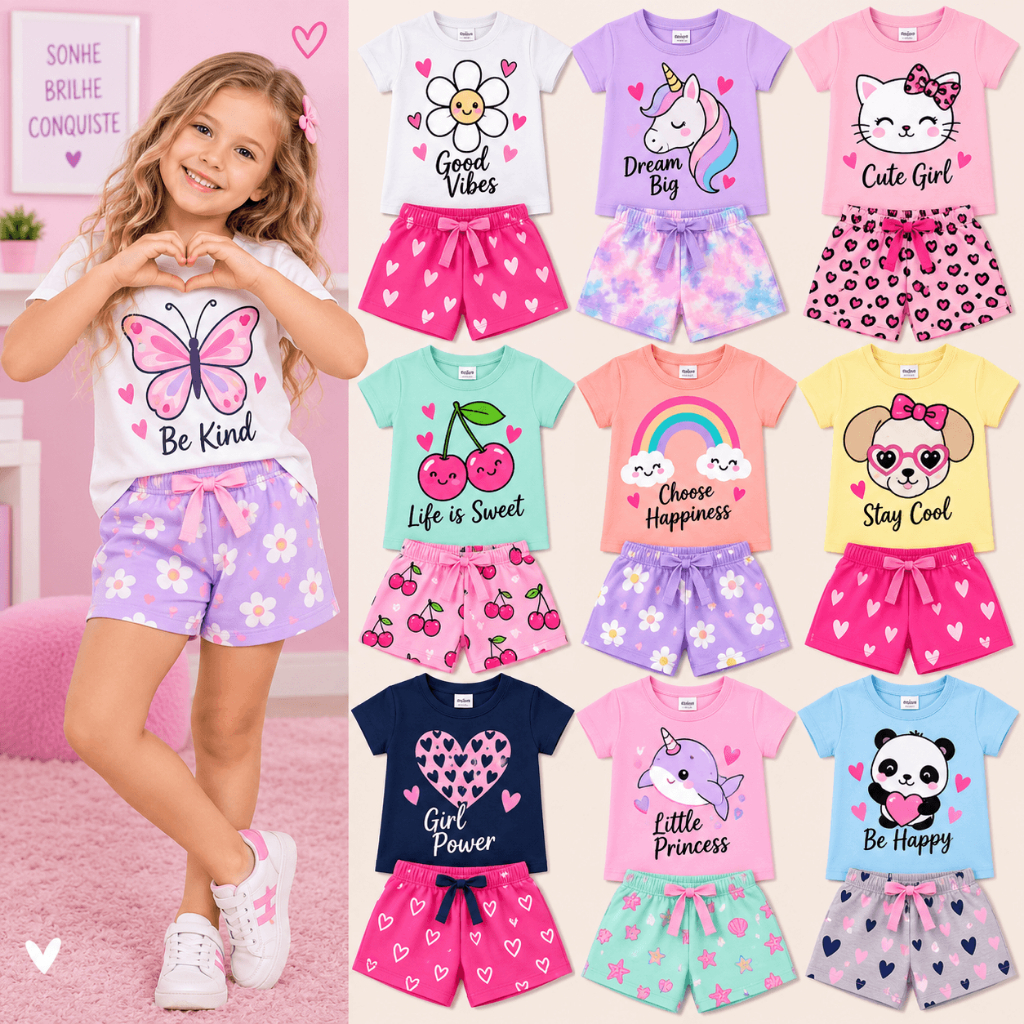 Kit 6 Peças Sortidas Infantil Menina 3 Conjuntos de Roupas Feminino 3 Camisetas + 3 Bermudas/Shorts 100% Algodão