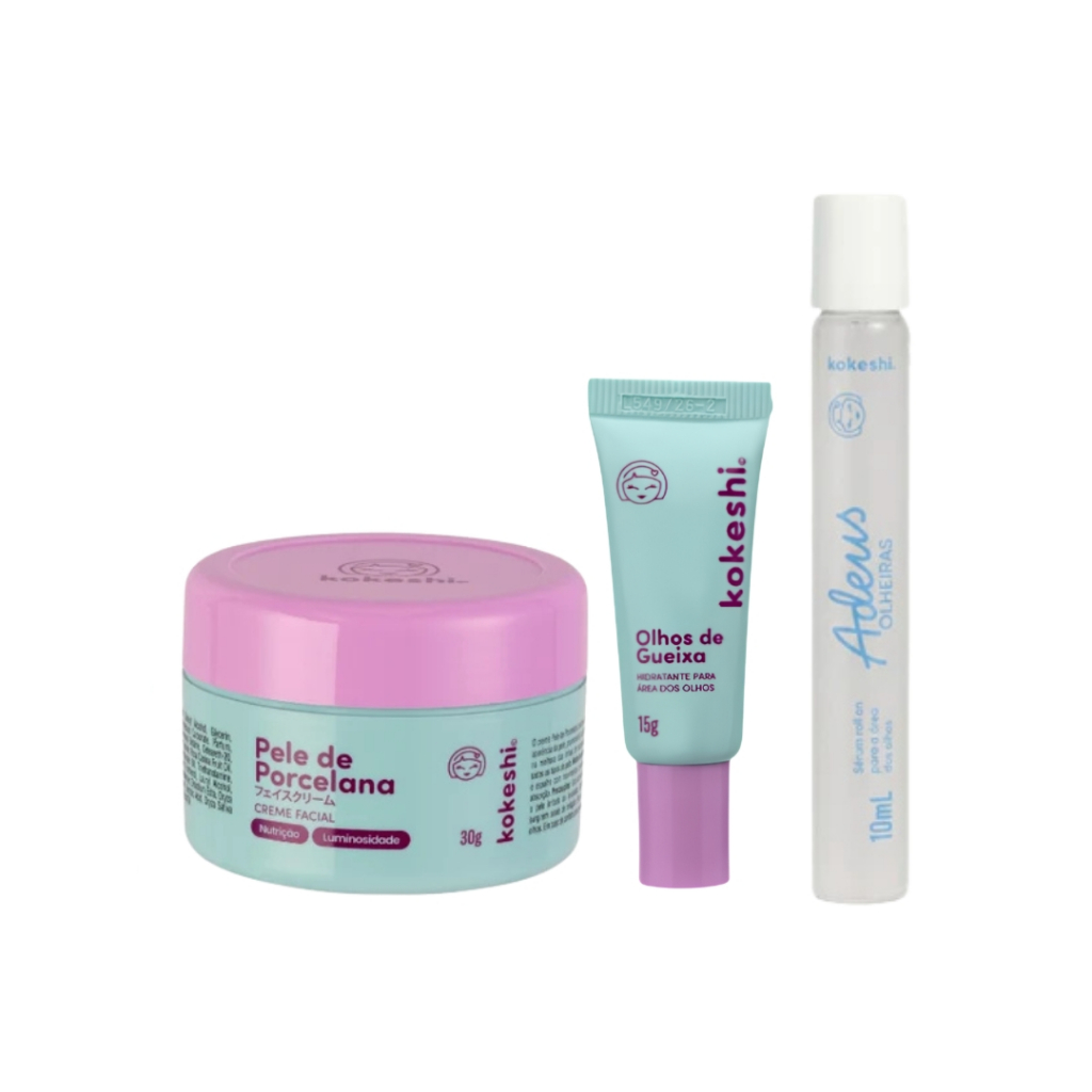 kit Kokeshi Skincare - Hidratante Pele de Porcelana 30g + Hidratante Olhos de Gueixa 15g +  Sérum Adeus Olheiras 10ml