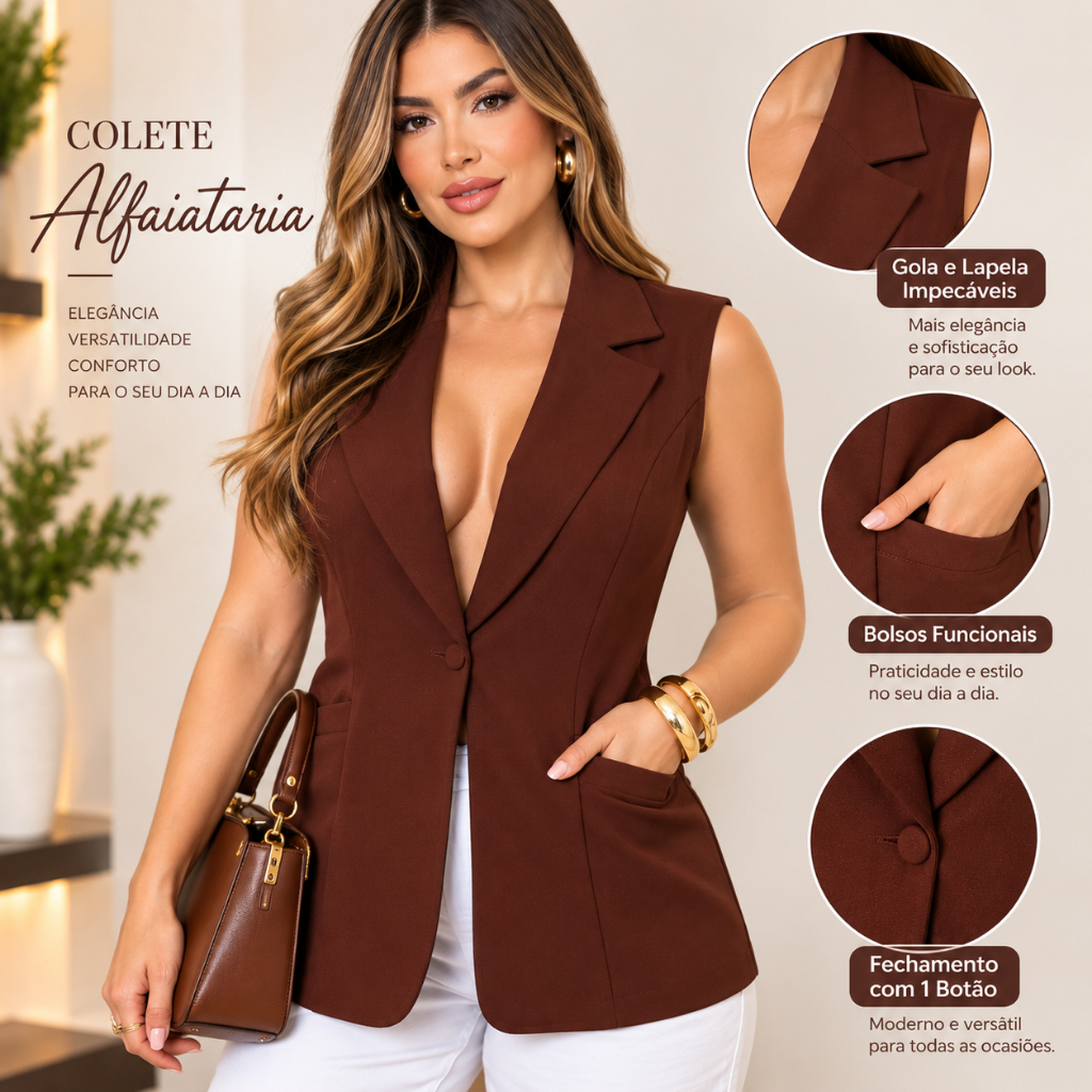 Colete Max Feminino, Tipo Blazer, Longo, Sem Manga Alfaiataria, Social,  Casual Elegante LooK, 2 Bolsos Funcionales
