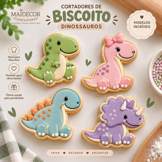 KIT COM 4 CORTADORES DE BISCOITO 3D – TEMA DINOSSAUROS