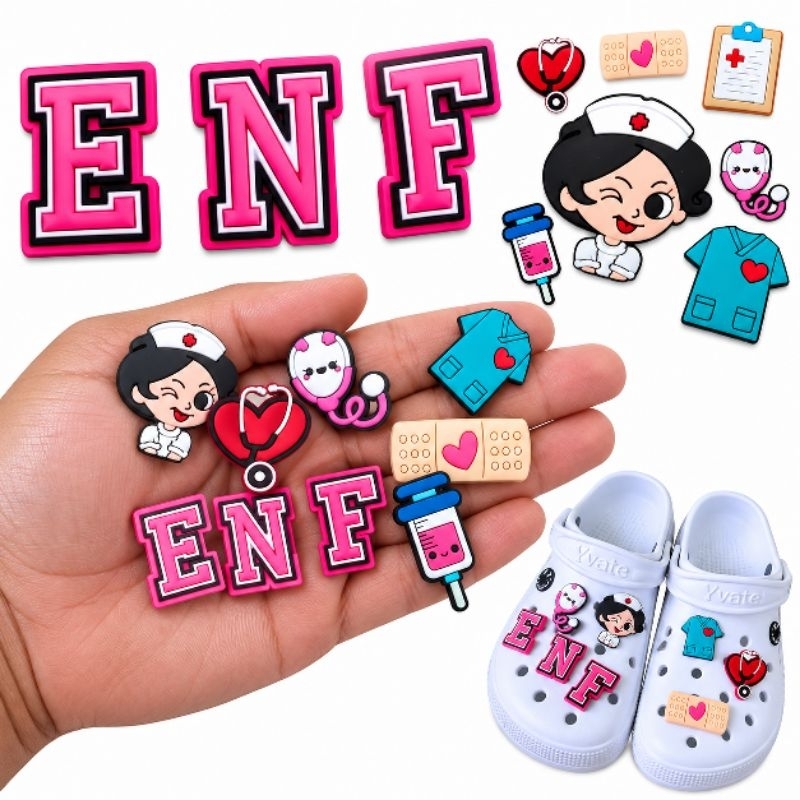 Kit 10 Botons de Enfermagem para Sandália Babuche Pins Letra Fácil de Colocar Removíveis ( Kit ENF )