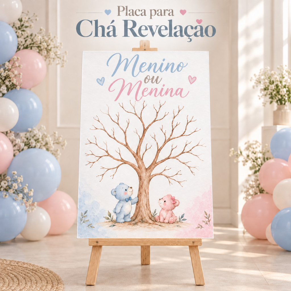 Quadro Chá Revelação Recepção Ursinhos Menino ou Menina Árvore Personalizado