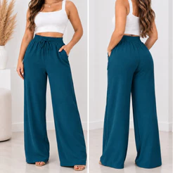 Calça Pantalona Feminina Duna Cintura Alta Elástico Na Cintura Bolsos Laterais🥰💕