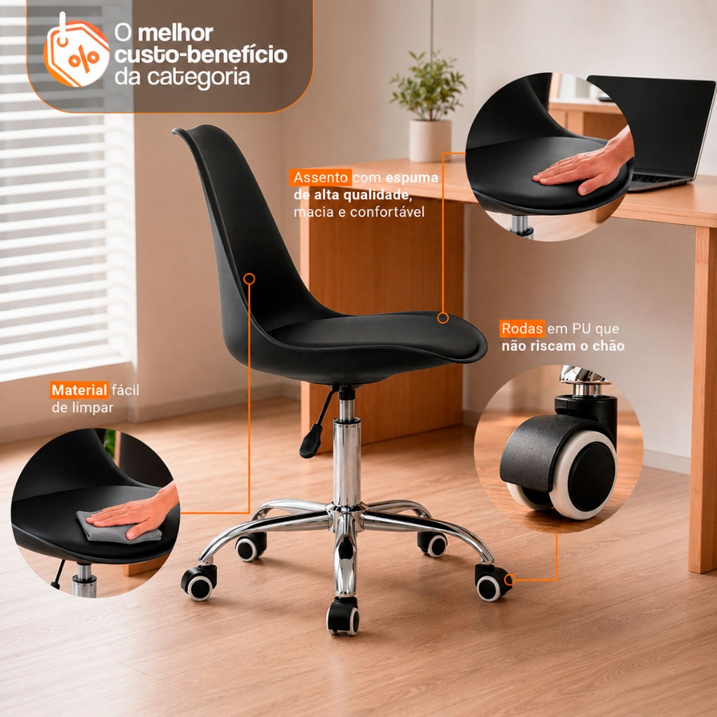 Cadeira Office Saarinen Giratória com Base Cromada e Rodízio - Ajuste de Altura para Escritório e Home Office · foto 2