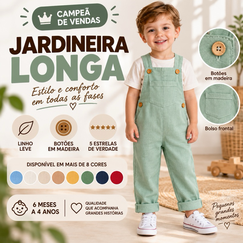 Jardineira LONGA Infantil Menino bebê Macacão em linho