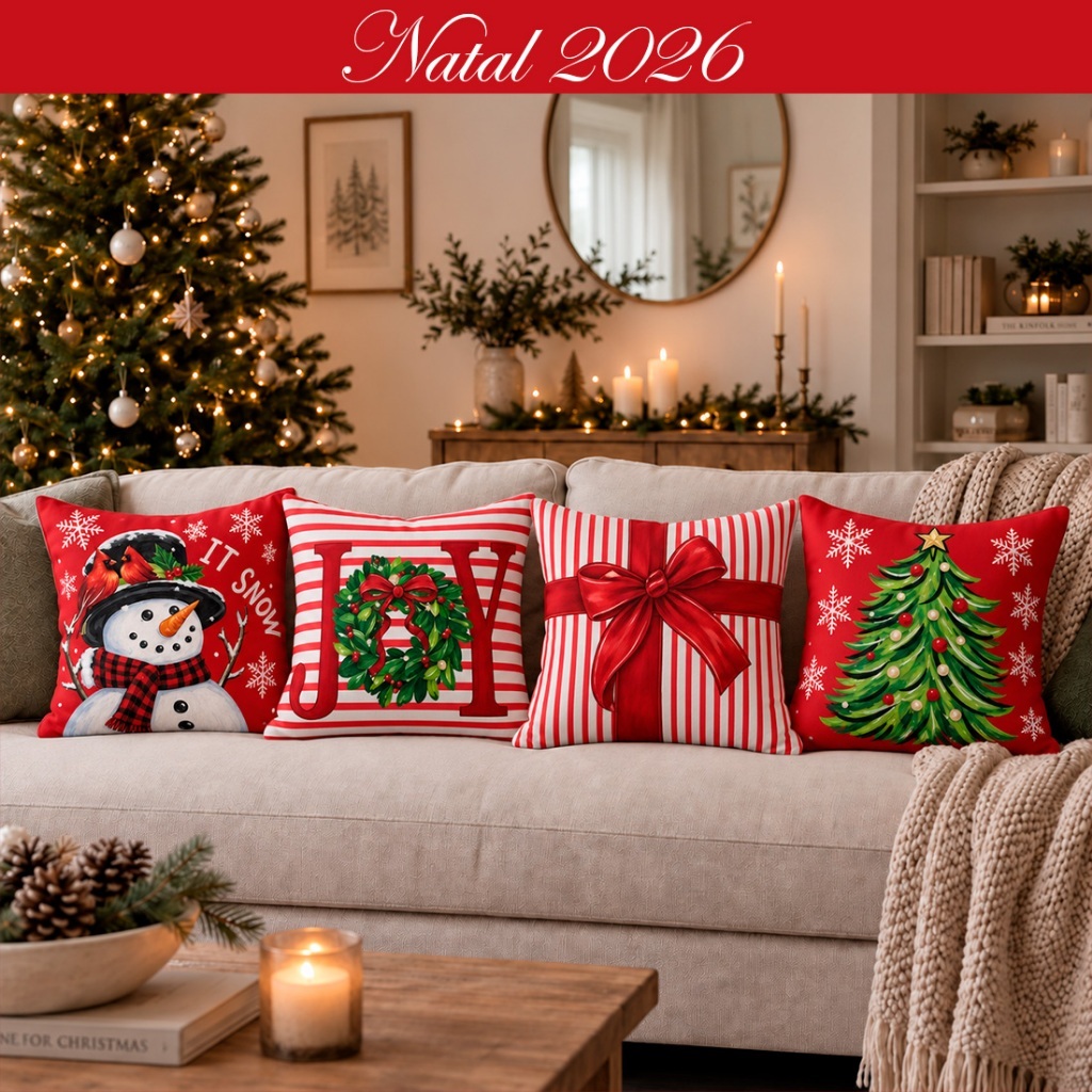 Kit 4 Capas de Almofadas de Natal 45cmX45cm Oxford Estampa Digital Decoração Natal