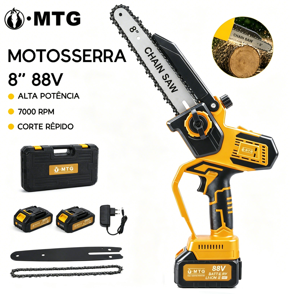 Motosserra Elétrica 88V Com 2 Baterias | Corta Troncos Até 30cm Para Carpintaria Sistema Anti-Trava