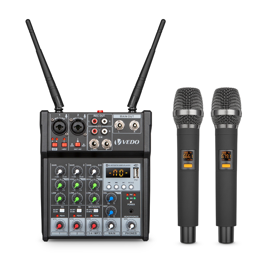 VEDO Mesa de Som 4 Canais com Microfone Sem Fio UHF Gravação via Bluetooth/USB/MP3 Phantom Power 48V 2 Bandas Bivolt